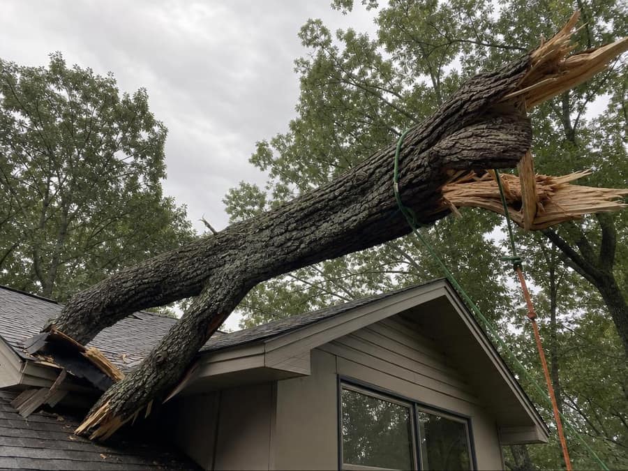 Split oak trunk landed on the roof after a summer storm, secured for takedown.